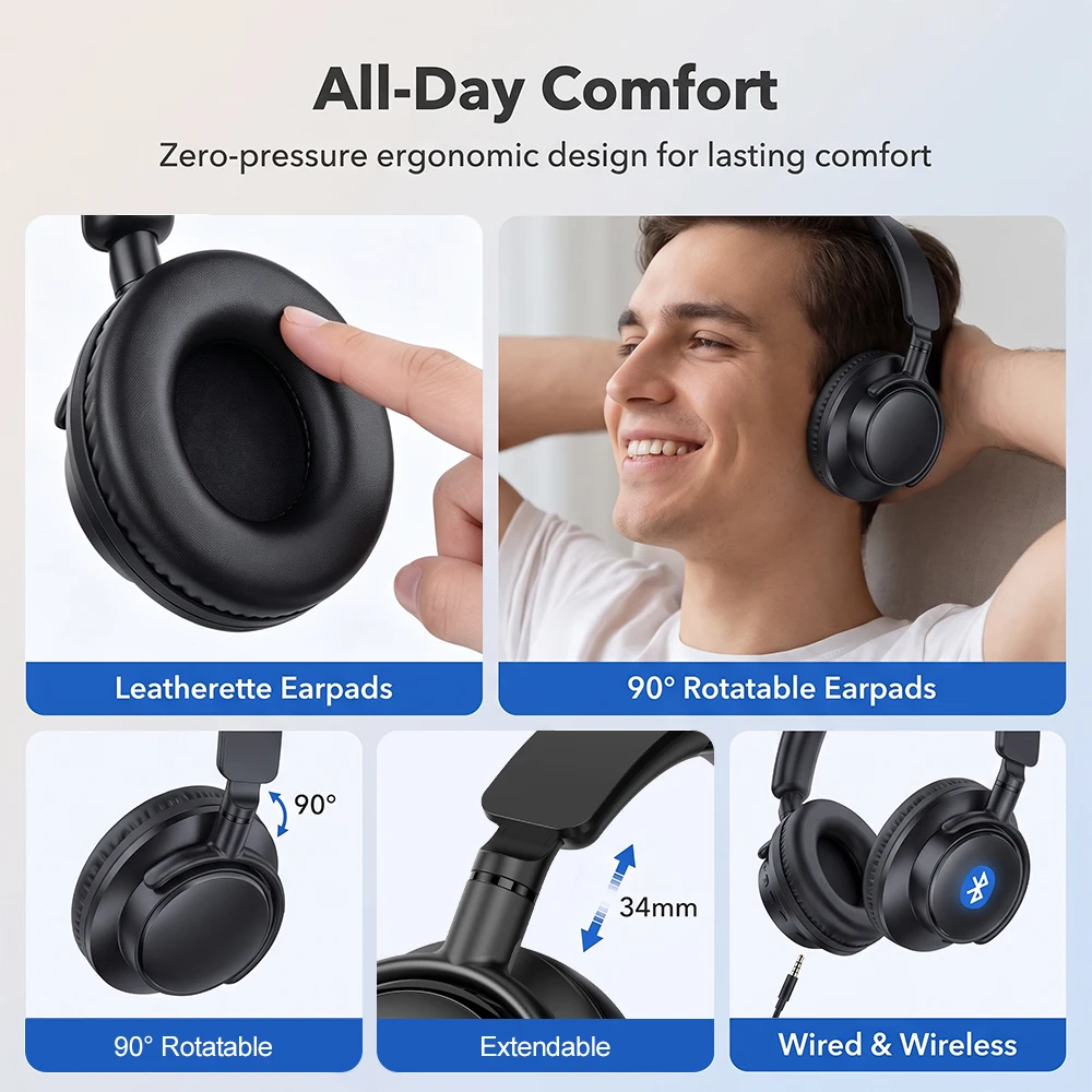Choice TWS-BT08 Wireless Bluetooth Headphones 45dB ANC HiFi Earphones Over-Ear Gaming Headset Support AUX Hi-Res LDAC 10Hours
