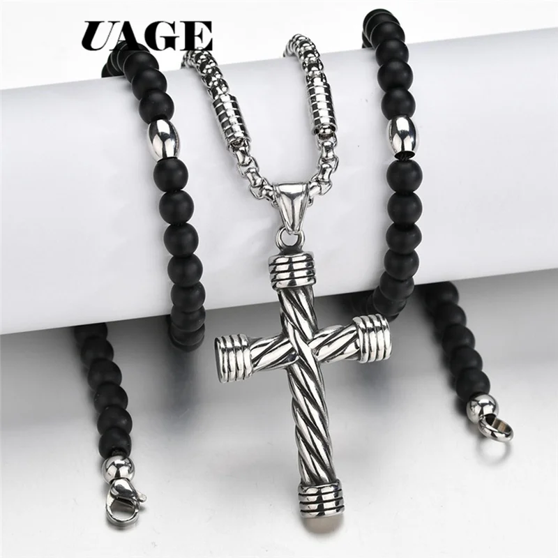 UAGE 2018 New Cross Pendant Necklace For Men Women 316L Stainless Steel Rosary Beads Necklace Religious Jewelry