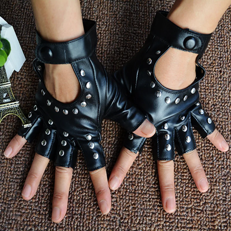 Sarung tangan dansa tanpa jari Punk Wanita dengan kancing hitam PU kulit paku keling Cosplay pertunjukan sarung tangan tari seksi keren sarung tangan berkendara