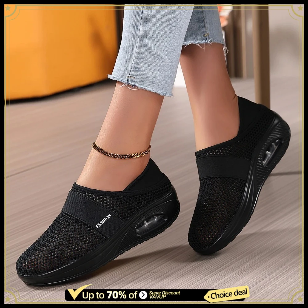 Breathable Hollow out Mesh Slip-On Ladies Loafers Flat Heel Comfortable Cushioned Footbed Large Size Slip-On Lazy Women Shoes