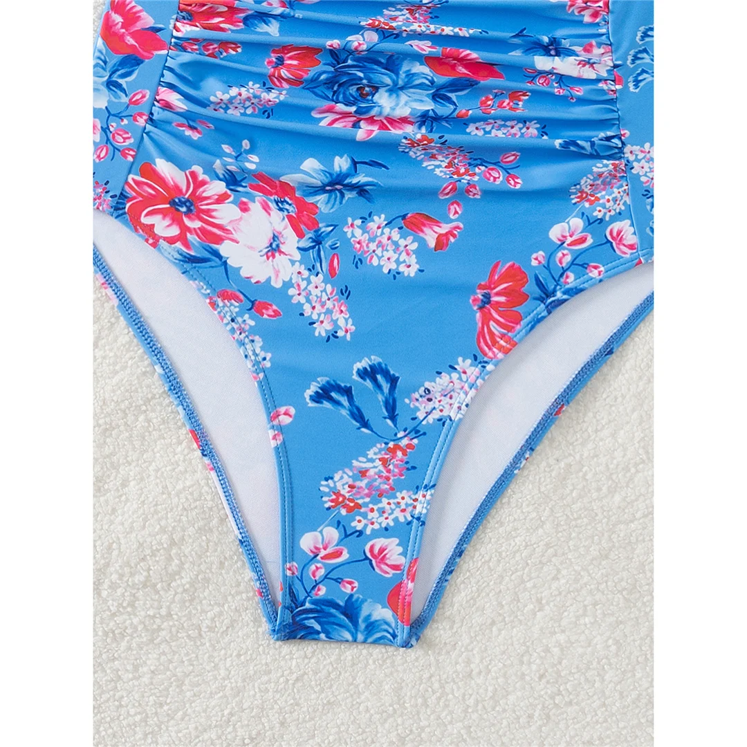 S - XL Sexy Blumenmuster, geraffter, einteiliger Badeanzug, Damen-Badebekleidung, Badeanzug mit hohem Beinausschnitt, Badeanzug, Modell V5816. – Detail 15
