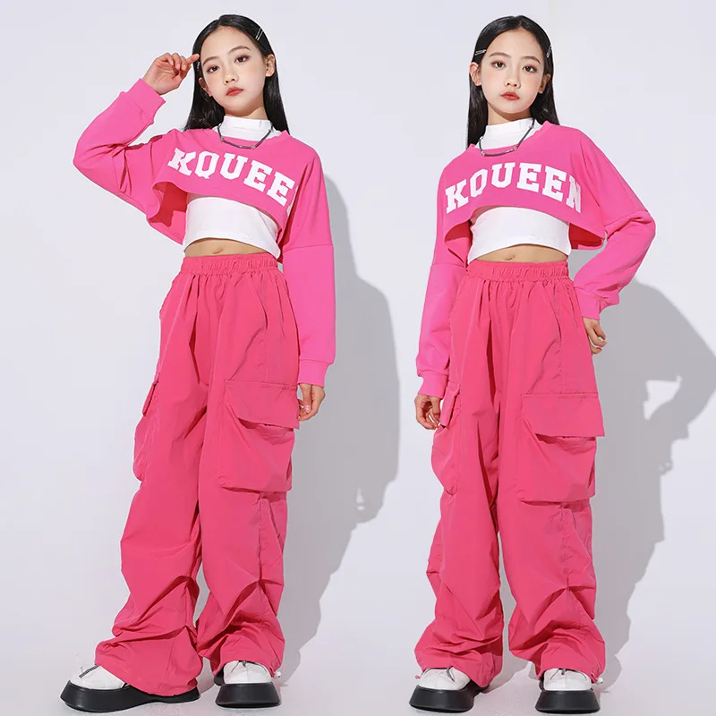 

2024 Fashion Pink Children Dance Wear Ballroom Hip Hop Costumes 4 Girls Jazz Dancing Costumes T Shirt Pants Modern Show Clothes