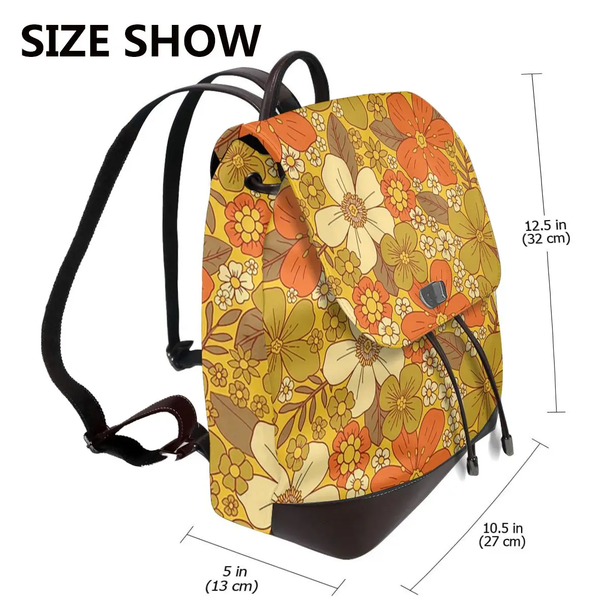 Retro 60s 70s Orange And Olive Green Floral Flower Bookbag School Student Bags Hiking Travel Daypack for Women Derma Backpack