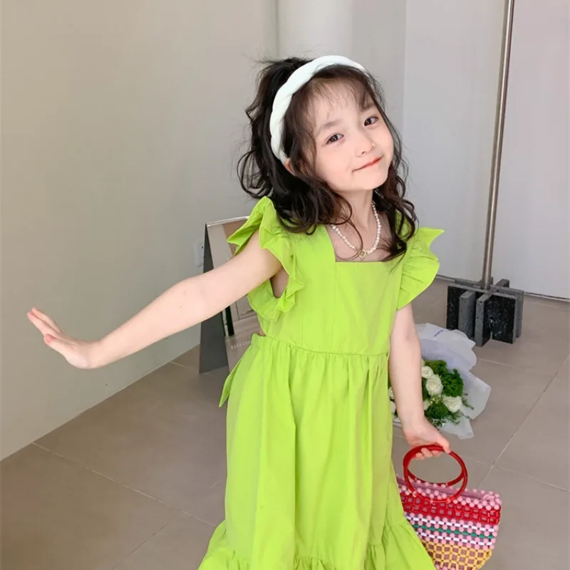 Clothing Dress Summer 2-7year Old Beibei Korean Version Flower Edge Open Back Christmas Halloween Party Fashionable Girl Clothes