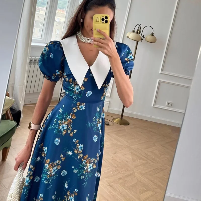 Elegant Women Vintage Dress Y2K Autumn Short Sleeve Lapel Collar High Waist Corset Floral Print France Retro Long Dress Robe