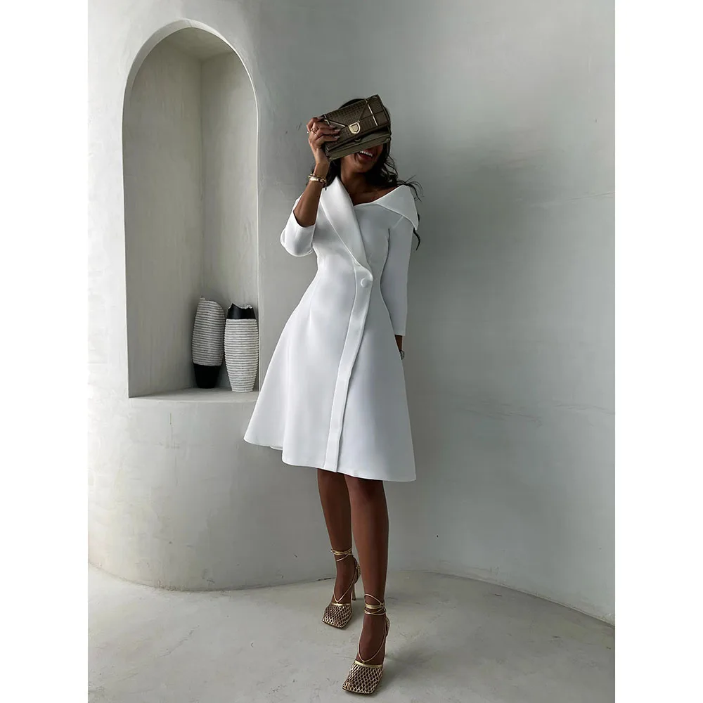 

White Prom Dress Simple V-Neck 3/4 sleeves Knee Length Dresses Evening A-line Draped Jersey Party Dress Customized 2026