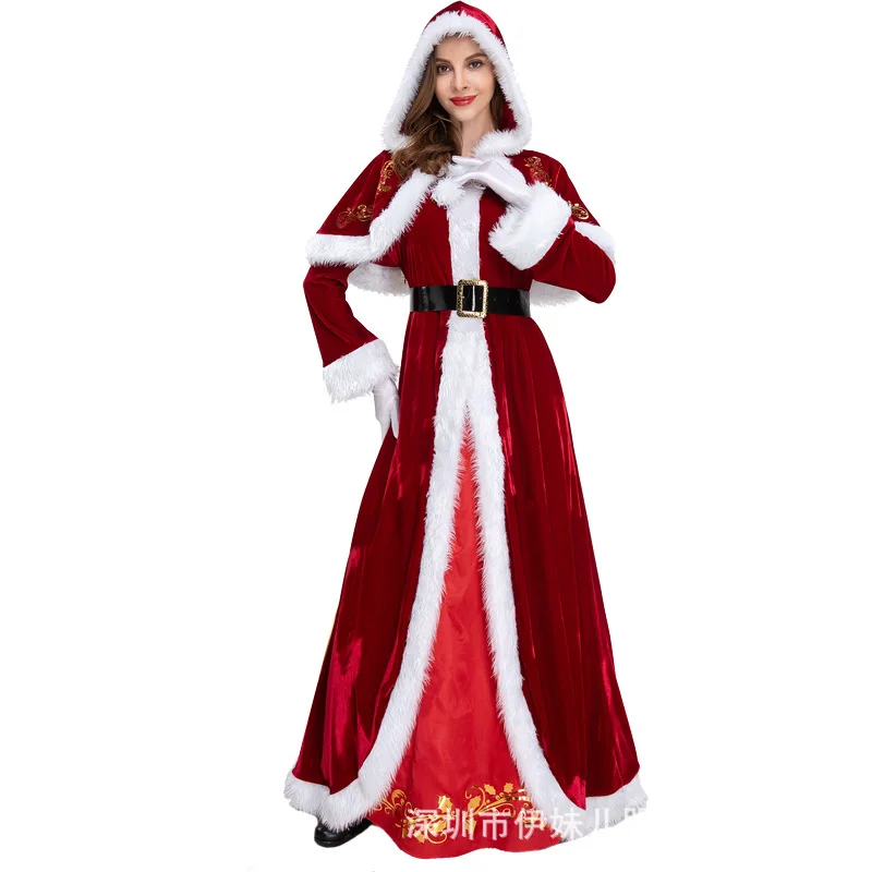 2024 New red hooded shawl furred long skirt Christmas dress Annual party dress Christmas party