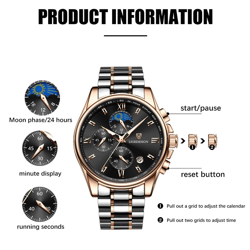 LIGE Fashion Luxury Men Watches Stainless Steel Business Quartz Man Wristwatch Casual Sport Chronograph Waterproof Watch For Men