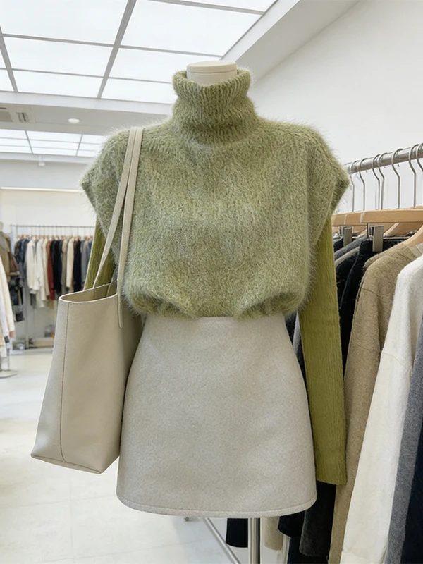 

plus Size Women's Spring High Collar Vest Base Shirt Half Length Skirt Three Piece Set Korean Style Loose Fit Commute Wear