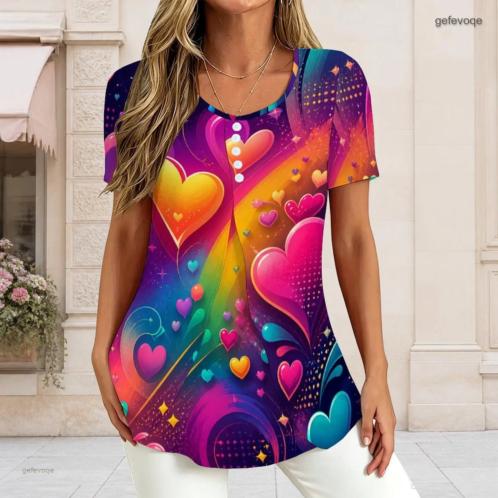 Women V Neck Short Sleeve T Shirt Half Button Placket Fake Two Piece Layered Curved Hem Loose Tunic Top Custom Print Ladies Casu