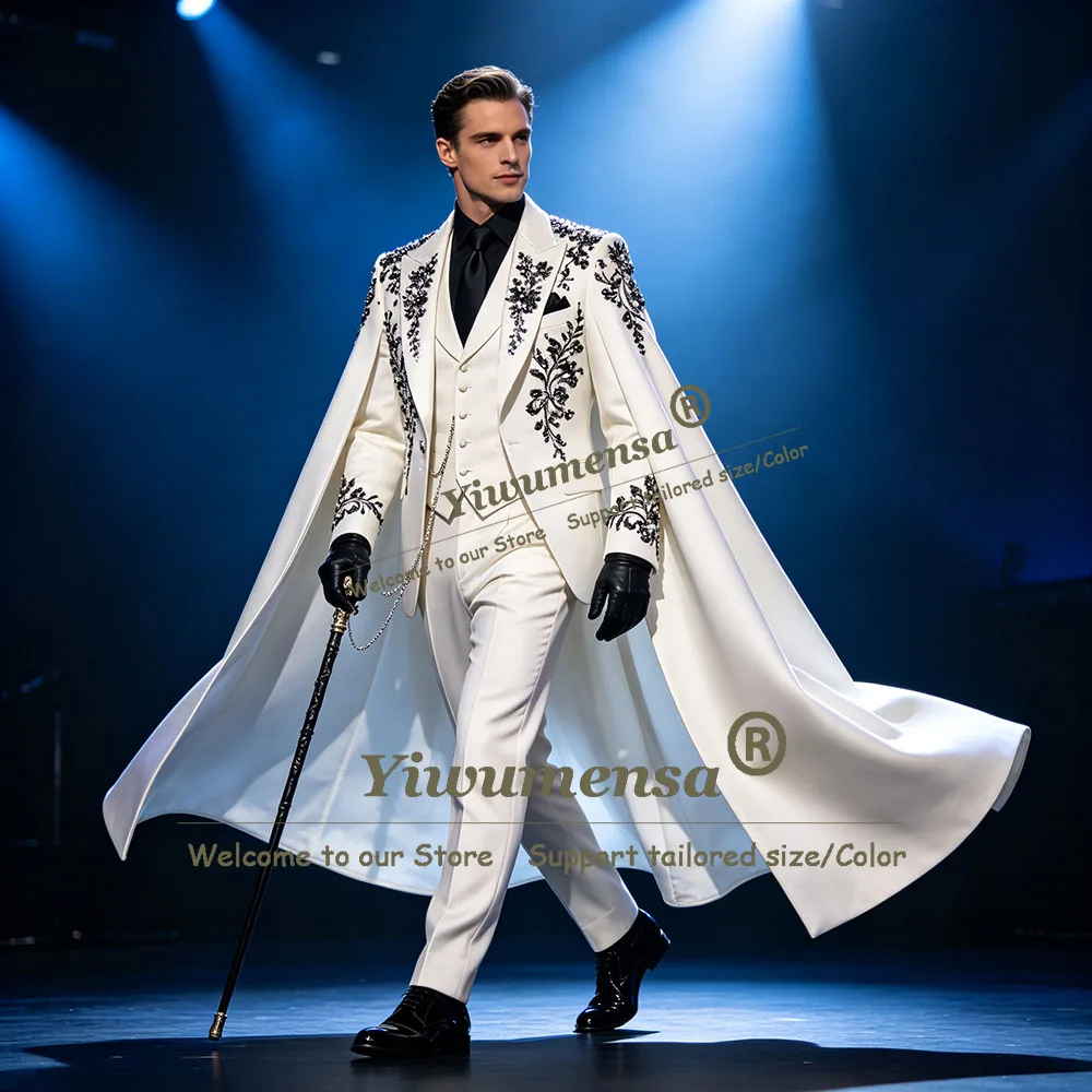 Exclusive Groom Wedding Tuxedo Suits Black Crystals Beading Prom Blazer With Cape Customized 3 Piece Sets Man Red Carpet Outfit