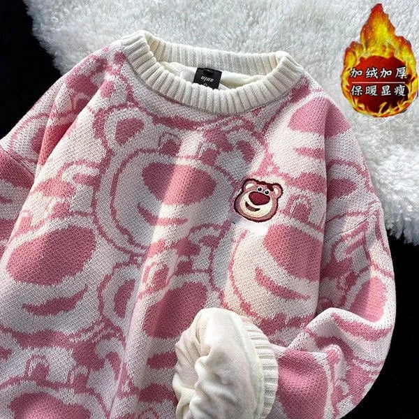 Spring Strawberry Bear Round Neck Wide Sweater Female Wine Red Sweater Autumn Winter Sweater Girl Clothes
