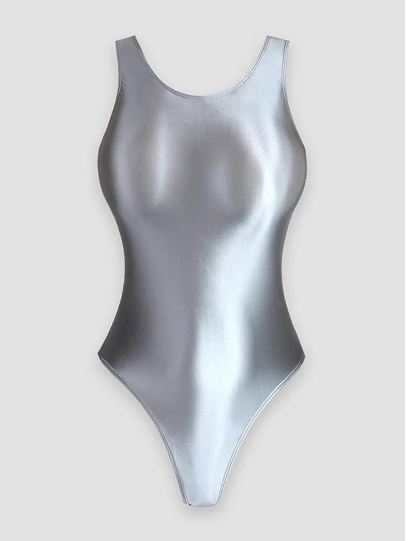Glänzender, einfarbiger, eng anliegender, seidiger, glänzender, hoch geschnittener Gymnastik-Einteiler-Badeanzug für Damen, Strampler, rückenfreie Body-Anzüge P9RQ