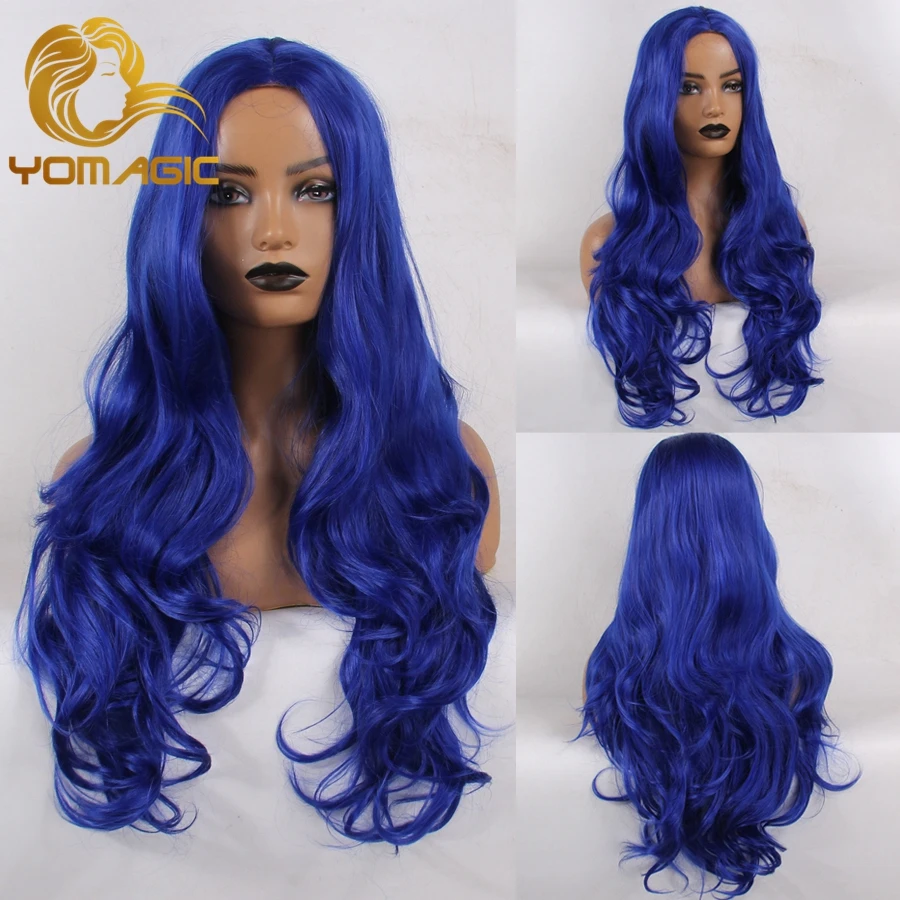 YOMAGIC Full Machine Made Wigs Synthetic Hair Wigs Long Wavy Blue Color Wig Heat Resistant Fiber Hair Wigs for Women