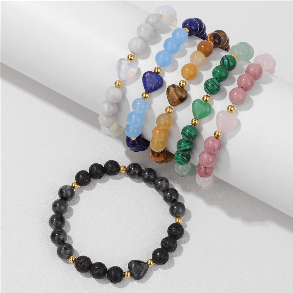 Rose Quartzs Heart Bracelet Natural Stone Tiger Eye Opal Healing Reiki Crystal Elastic Bracelets For Women Men Couple Jewelry