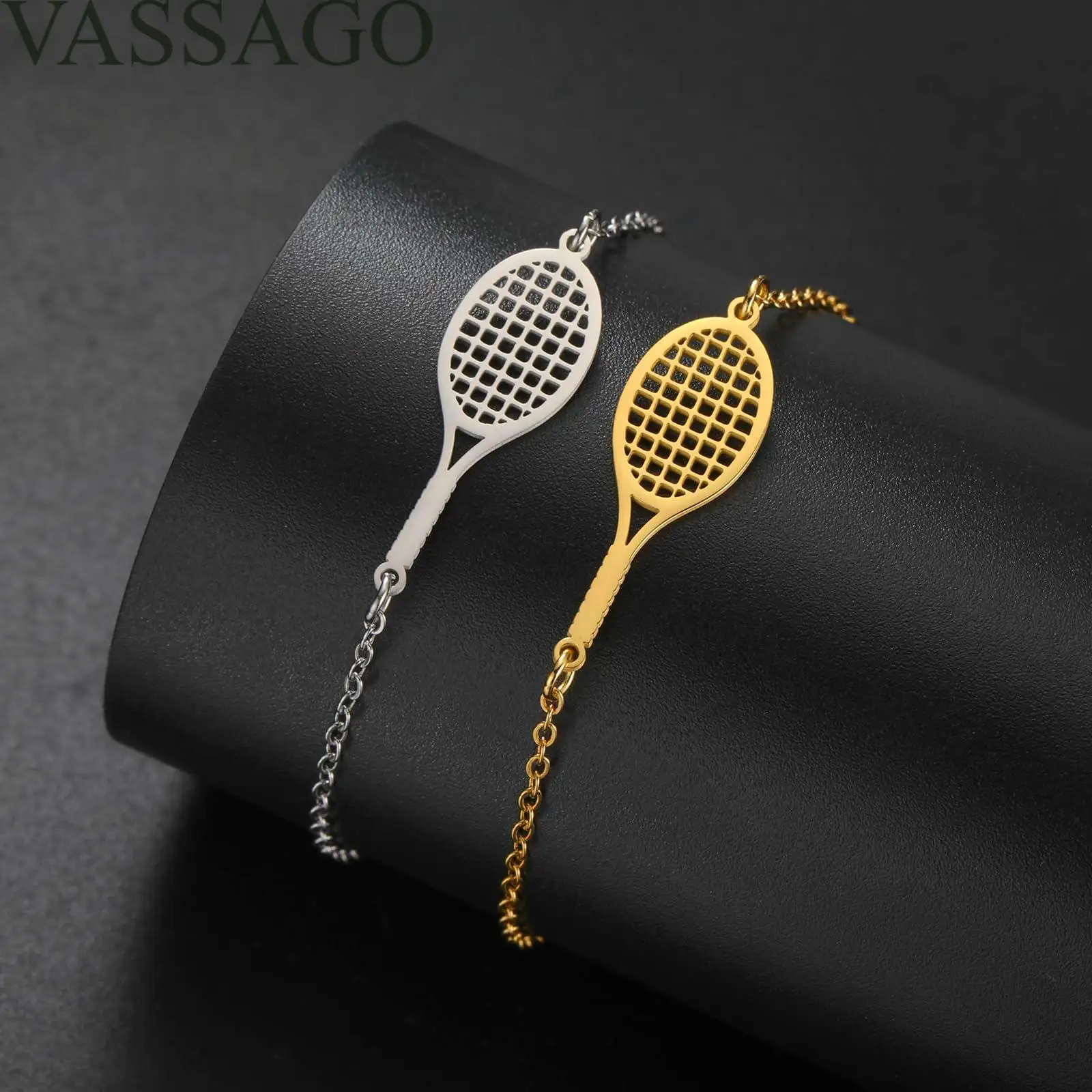 VASSAGO Tennis Racket Bracelet Dainty Adjustable Tennis Racket Charm Layering Sport Bangle Bracelet Lover Jewelry Tennis Gifts