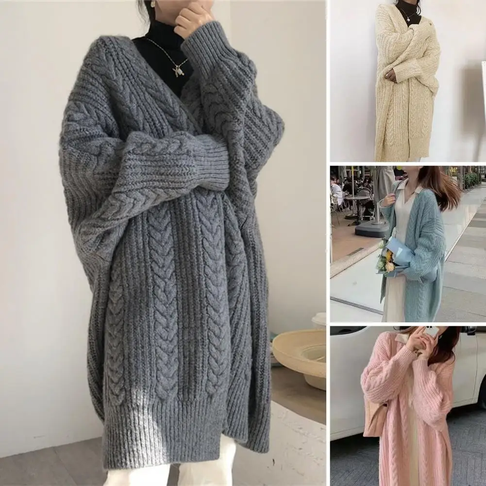 Casual Sweater Coat Stylish Women's Twist Texture Sweater Coat Long Sleeve Open Front Thickened Outerwear for Autumn/winter