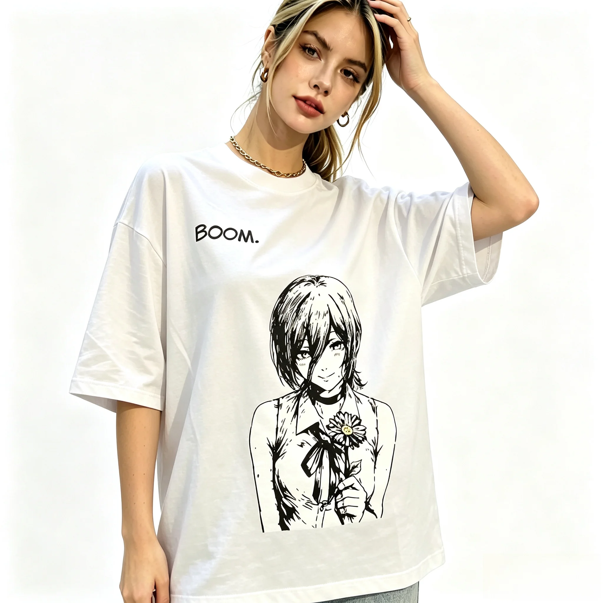 2026 New Style Girls' Line Drawing Bomb Man Rezi Print Short-Sleeved T-Shirt High Street Loose Round-neck Men's and Women's Top