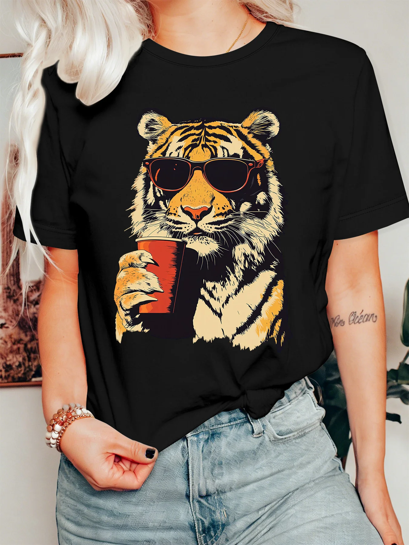 Cool Tiger Sunglasses With Coffee Cup Womens Crew Neck Short Sleeve T Shirt Retro Wild Animal Casual Graphic Tees For Ladies