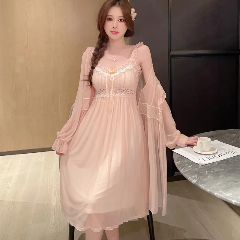 Twinset Robe Set Women Lace Nightgown Sleepwear Lingerie Spring Summer Kimono Bathrobe Gown Suit Mesh Rayon Home Wear Clothing