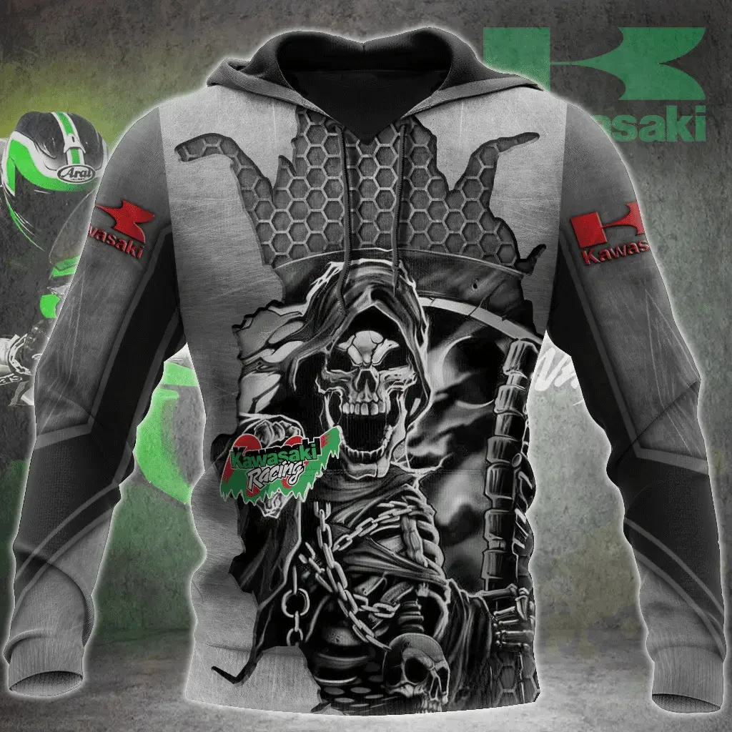 

New Autumn/Winter Kawasaki Hoodie Halloween Skull Horror Season Sportswear Men's And Women's Motorcycle Racing Enthusiasts Gift