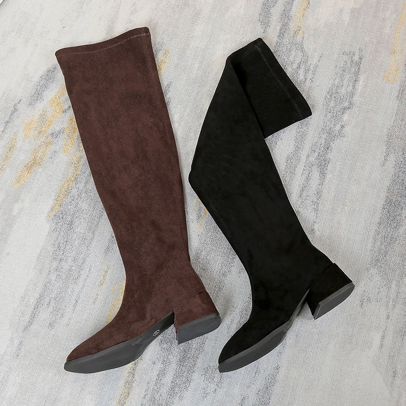 Autumn Winter Women Stretch Over The Knee-High Boots Casual Low Heels Shoes Vintage Long Largas Booties