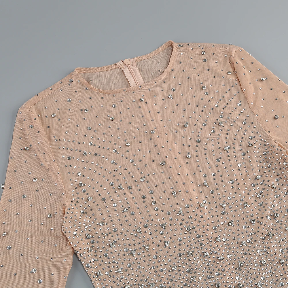 Robe longue en maille nue et cristal – Robe moulante transparente à manches longues pour soirée cocktail et fête d'anniversaire