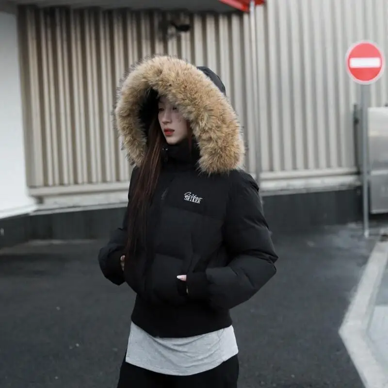 

winter short style fur collar hooded down Women's cotton-padded jacket waist-cinching Slimming premium feel Big fur collar coat