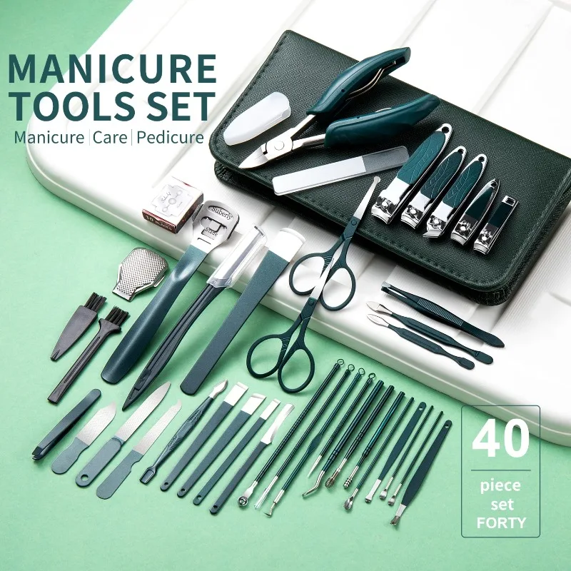 40PCS Manicure Set Nail Clippers Kit Cuticle Scissors Stainless Steel Foot Care Tools with Leather Case Foot Rasps Callus Shaver