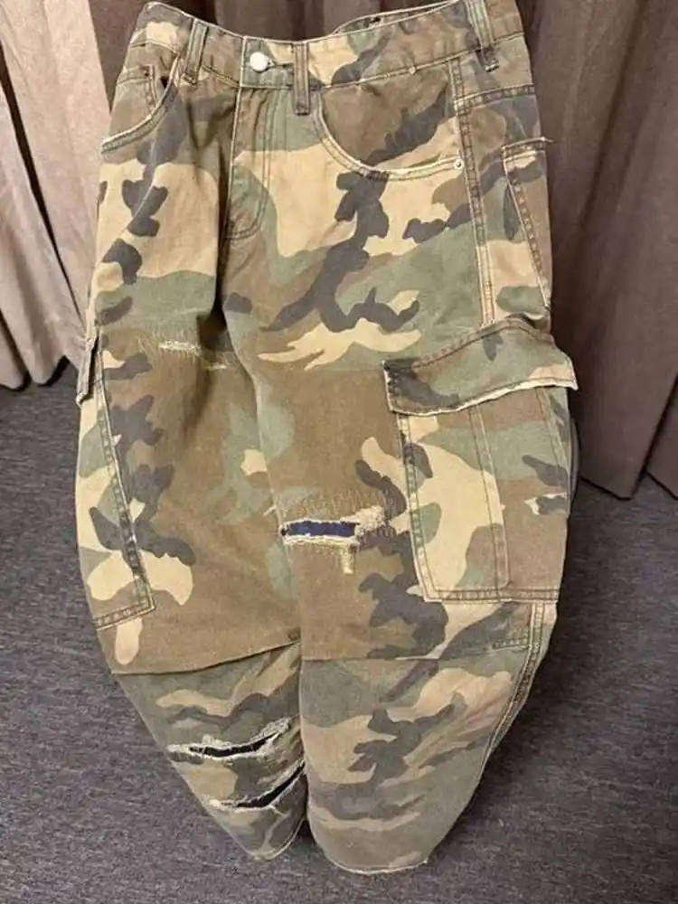 

Heavyweight Camouflage Trousers Workwear Pants Men Women Vintage Patchwork Hole Knife Shape Trendy Brand Large Pocket Straigh...