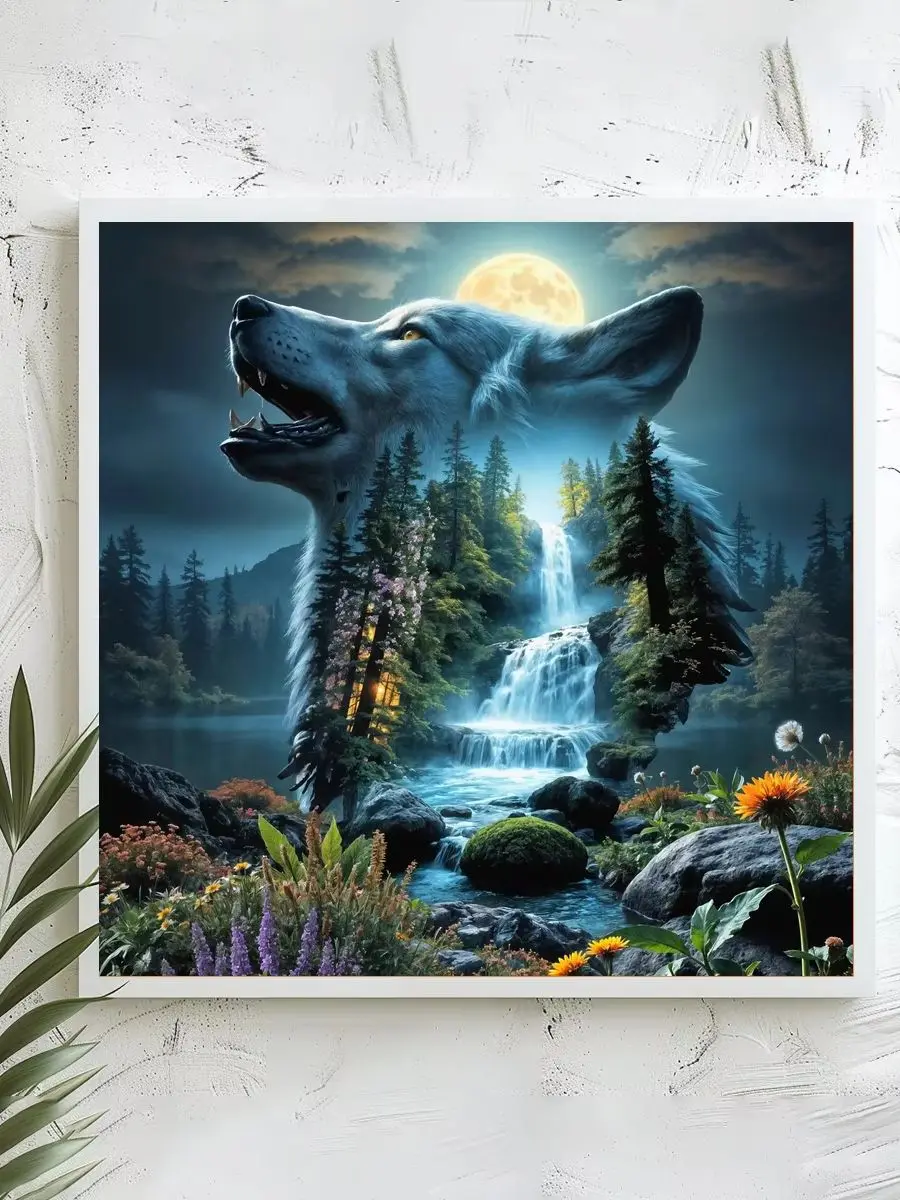 1 Stück 40x40 cm/15,74 Zoll, 11Ct/14Ct Kreuzstich-Set, DIY Valentinstagsgeschenk, Stickerei-Set für Festivals, Wolf-Wasserfall-Doppelbild – Detail 1