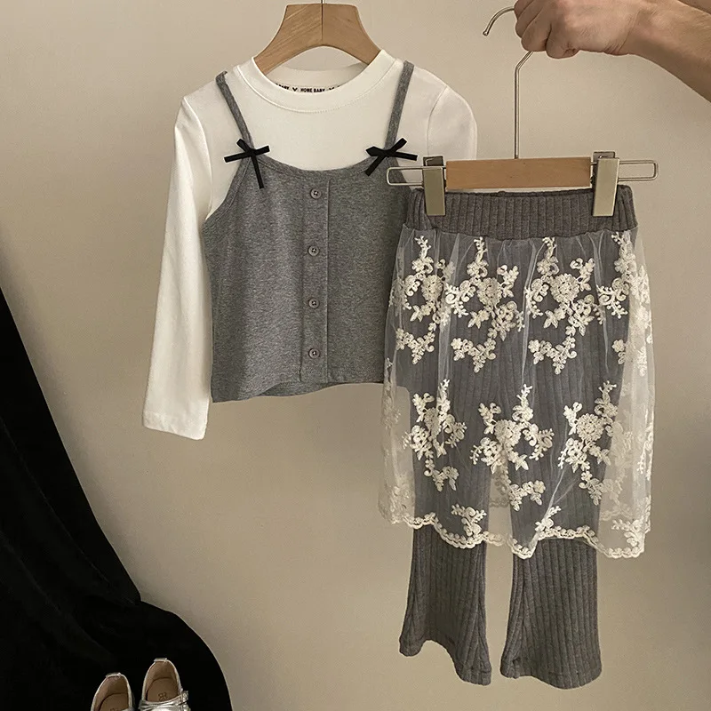 Two-piece Sets Korean Girl Color Contrast Fake Two Tops Autumn New Product Lace Patchwork Flared Pantdress Chic Princess