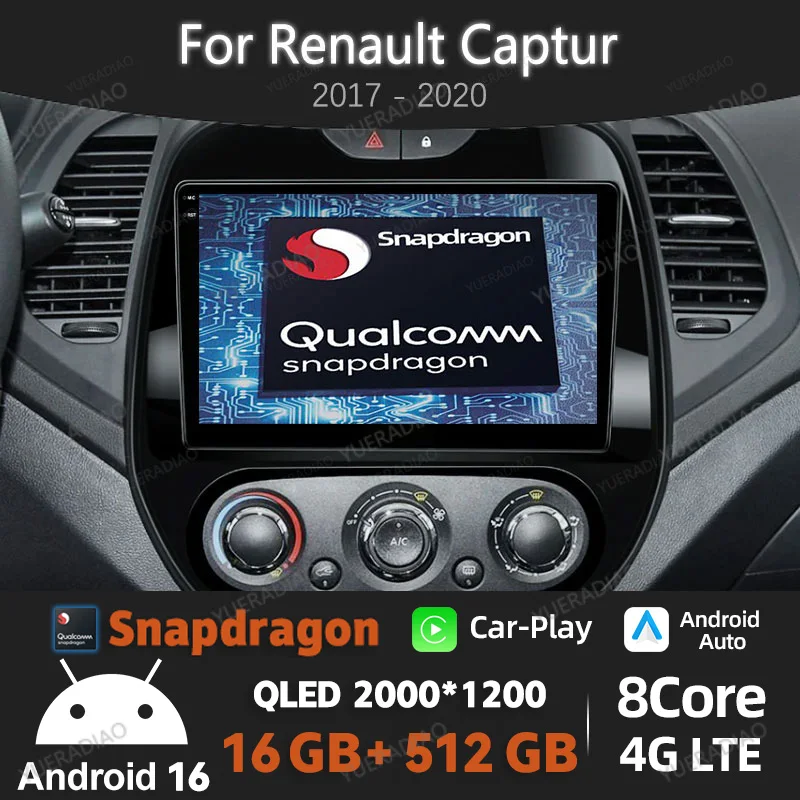 Rádio Automotivo Android 16 para Renault Captur Kaptur 2016 - 2019 Reprodutor Multimídia de Vídeo GPS NAVI Wireless Carplay Auto 4G WIFI QLED