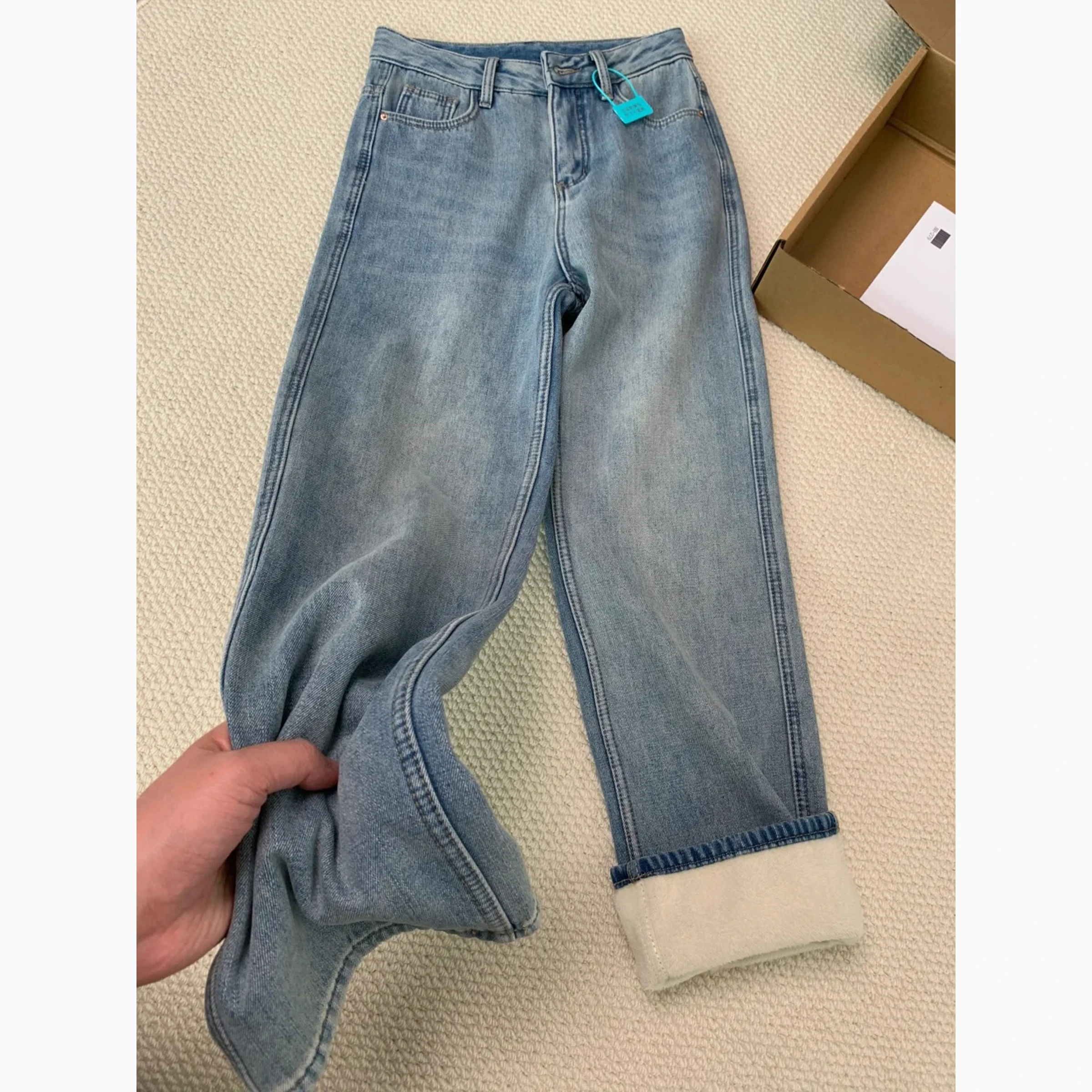 

Thiened Fce, широкие американские джинсы с высокой талией, женские облегающие джинсы, теплые, свободные, драпированные, прямые, длиной до пола, P...