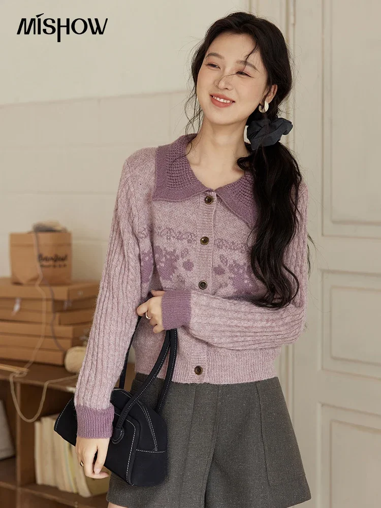 MISHOW Purple Vintage Sweater Women Flip Lapel Knitted Cardigan Tops 2024 Autumn Winter Single Breasted Elegant Top MXD46Z0800