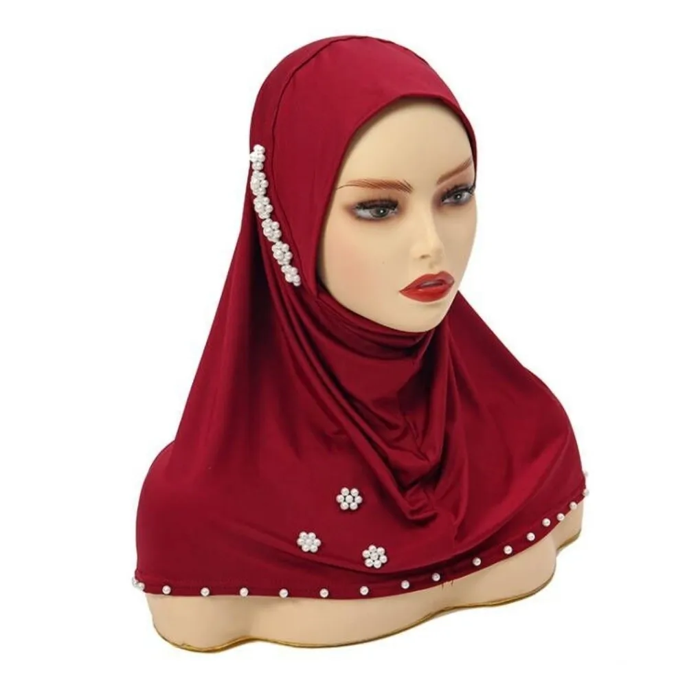 Breathable Imitation Pearl Beads Bonnet Hijab Easy Wear Comfortable Instant Stretch Head Scarf Pearl Flower Solid Color