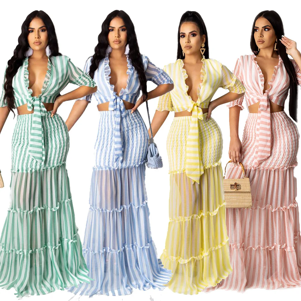 

Two Piece Sets Women Skirt Set Chiffon Striped Party V Neck Ruffles Tops Floor Length Skirts Evening High Waist Matching Sets