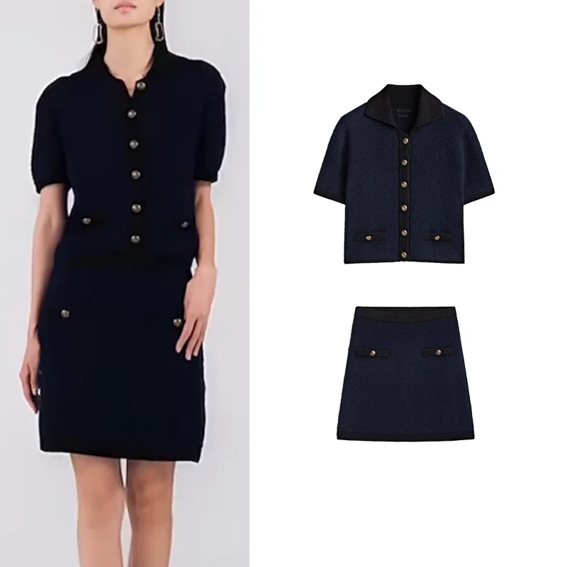 

Golden Button Knitted Open-Front Sweater And A-Line Skirt Faion Set for Women in Their 30s Spring Season Polyester Mat...