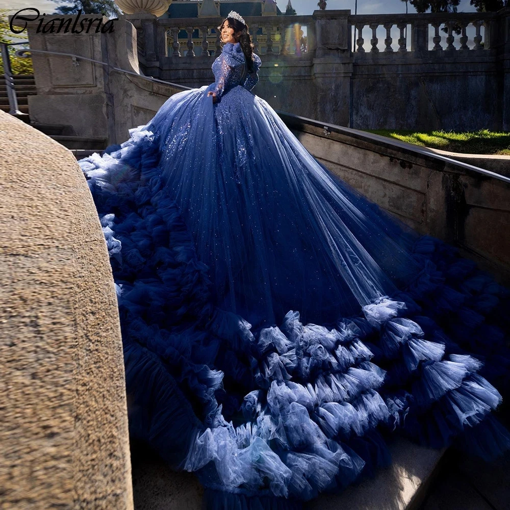 Navy Blue Tiered Tulle Pleat Ball Gown Quinceanera Dresses Long Sleeve Sequined Appliques Lace Corset Vestidos De 15 Años