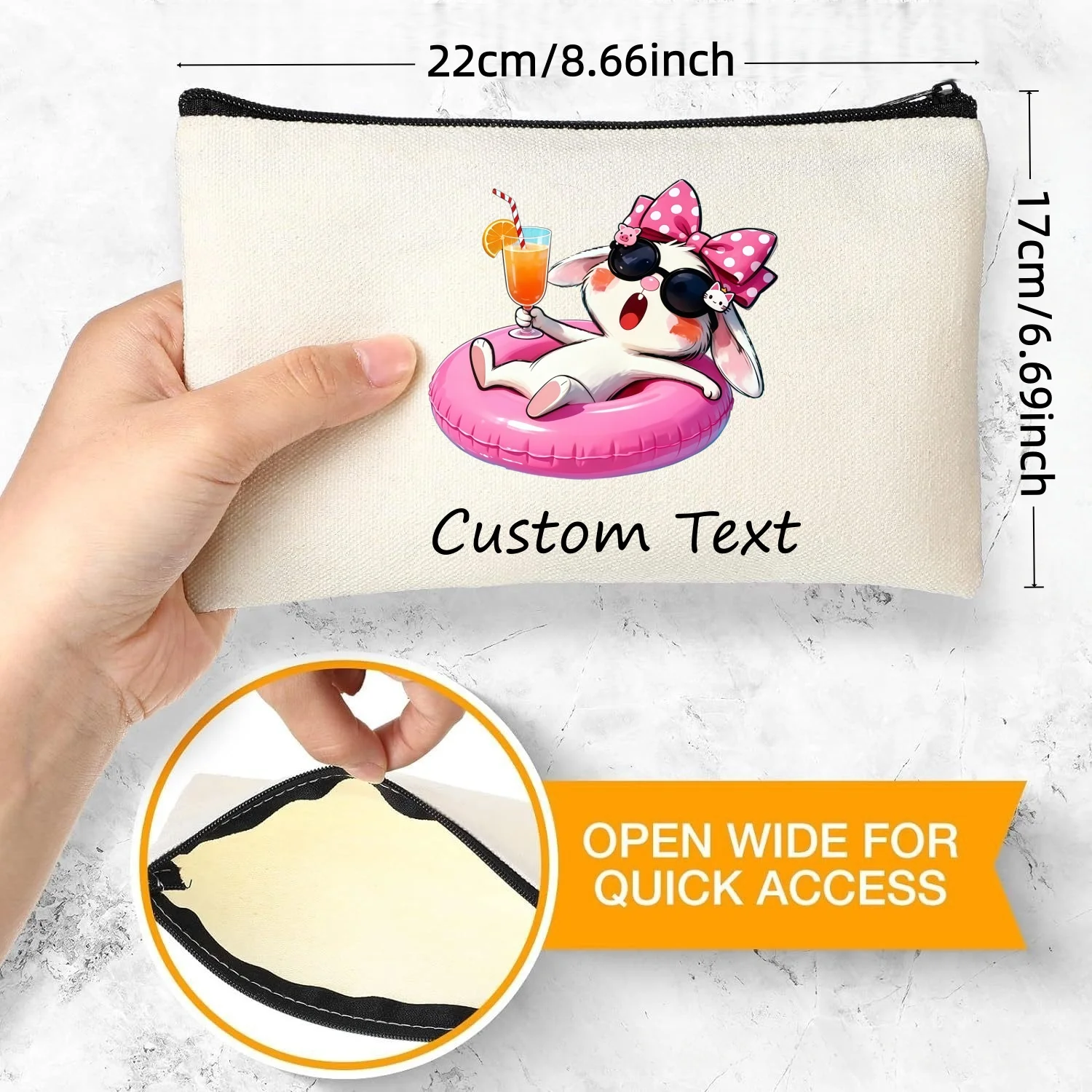 1PC Custom Text Cosmetic Bag Vacation Rabbit On Pink Swim Ring Print Zipper Makeup Pouch Canvas Multi‑purpose Storage Bag