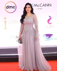 Romantic Light Purple Tulle Saudi Arabia Celebrity Carpet Dresses O-Neck Prom Dress Lace Applique Long Sleeves Evening Gowns