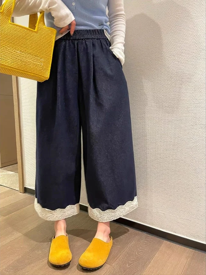 

Deep Blue Lace Splicing Jeans Women's Summer Casual Straight Leg Nine Points Slimming Wide Leg Pants High Waist Denim