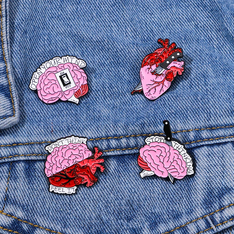 Personality Brain And Heart With Knife Collection Enamel Brooches Stop Thinking Feel It Open Your Mind Pins