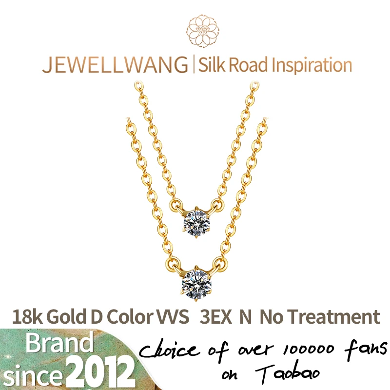 Kalung JEWELLWANG Chase Light Emas Kuning 18K dengan Berlian Laboratorium Bulat Solitaire yang Glamor, Rantai Klavikula, Perhiasan Potongan Premium