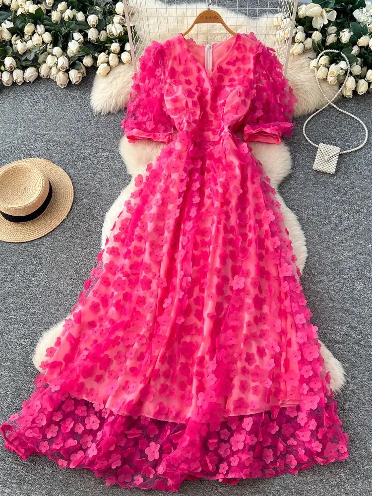 

Women Rose Red Luxury Evening Long Dress Vintage Short Sleeve Party Dress for Women One Piece Frocks Clothes Spring Summer 2026