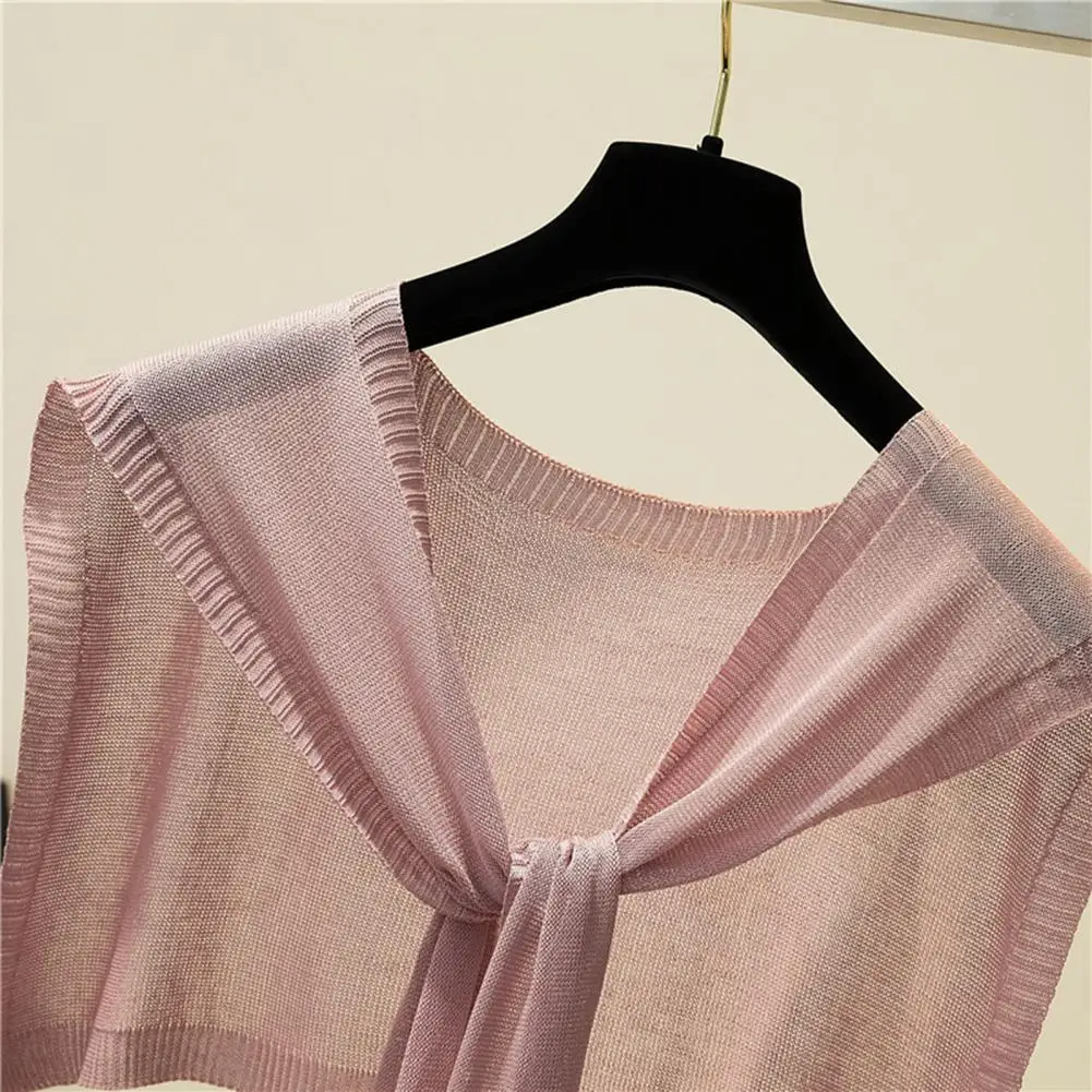 1Pc Candy Color Women Shawl Lace-up Ribbed Trim Knitting Shawl Ultra-thin Women Summer Sunscreen Fake Collar Cape for Daily Wear