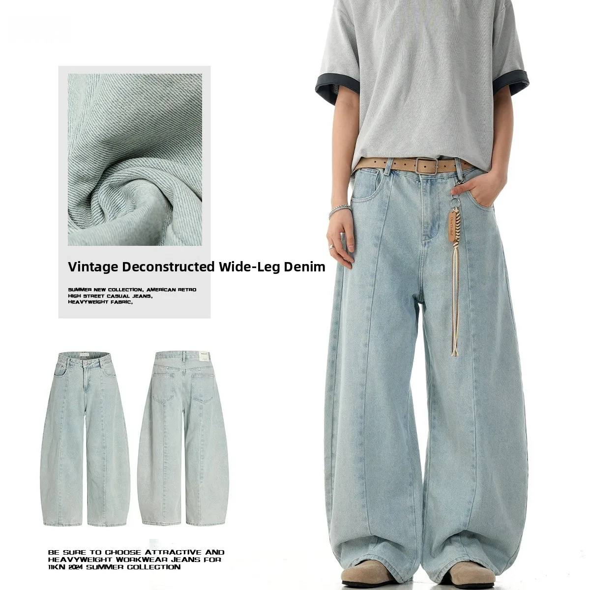

Blue Jeans Straight Leg Loose Fit Slimming Tailoring Casual Long Trousers Men's Women's 3D Cutting Wide Leg Denim Pants