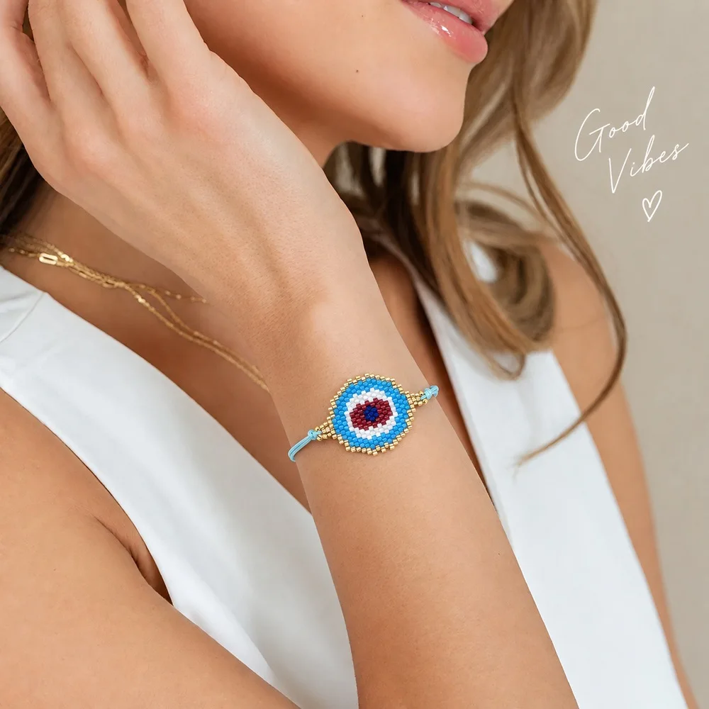 ZGMXR Rice bead bracelet Geometry Eyes Gradual color change Hand weaving Adjustable Woman Bohemia Fashion Simple Beaded bracelet