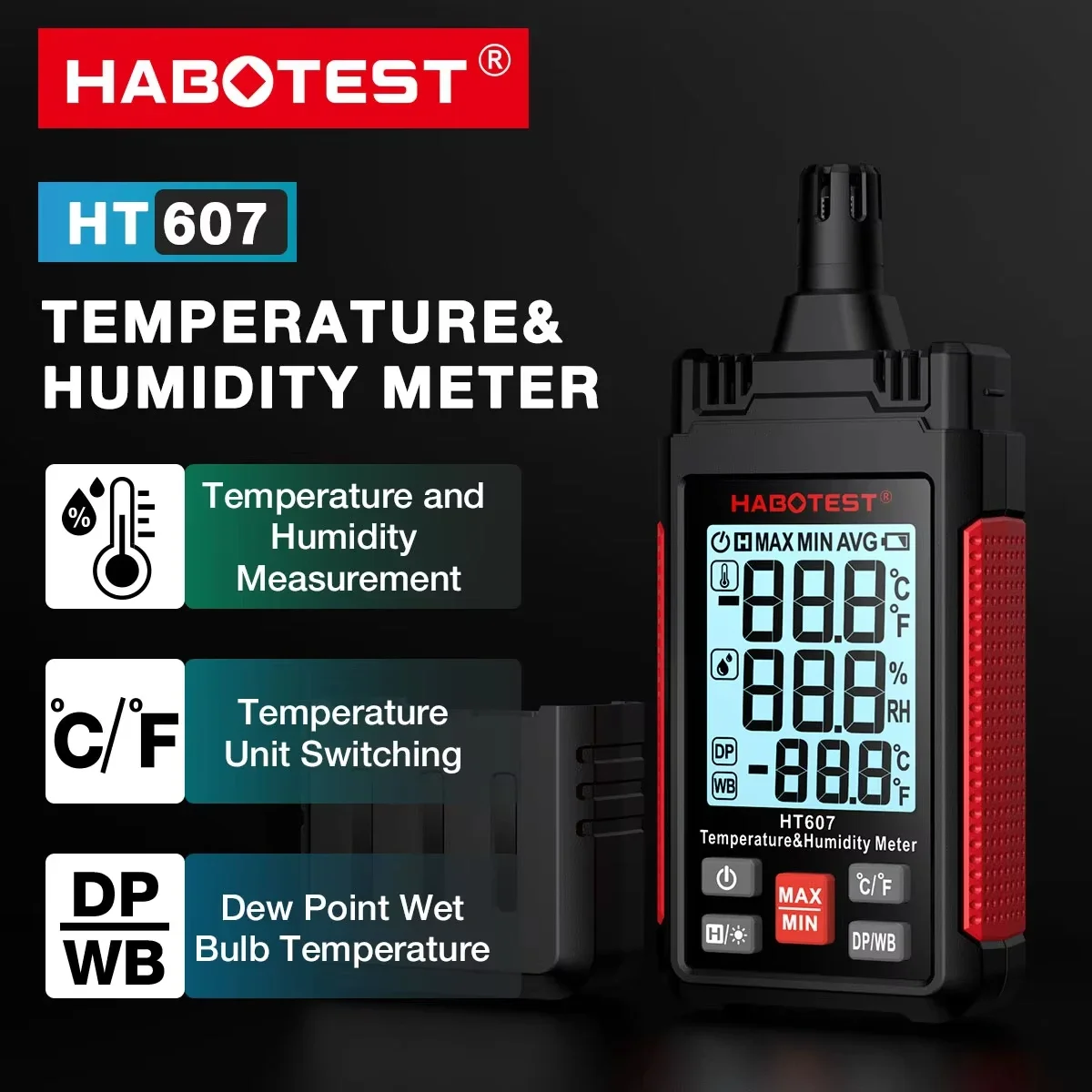 HABOTEST HT607 Digital Temperature Humidity Meter High Precision Digital Hygrometer with Ambient Dew Point Humidity Meter