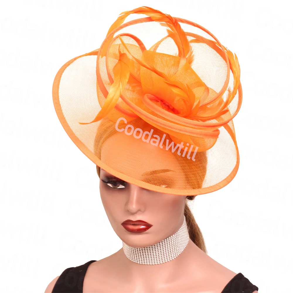 Tocado de pastillero de malla naranja, sombrero de boda para mujer, tocado de carrera de Iglesia, gorra de sombrerería de fiesta de Ascot real, tocado de cóctel para mujer